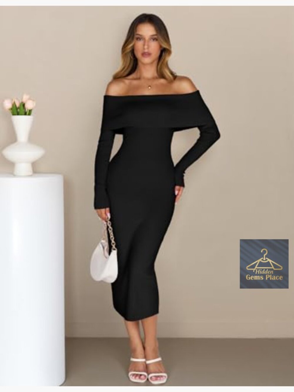 Long Sleeve Bodycon Sweater Dress Off Shoulder Midi Formal Party - Picture 3 of 7